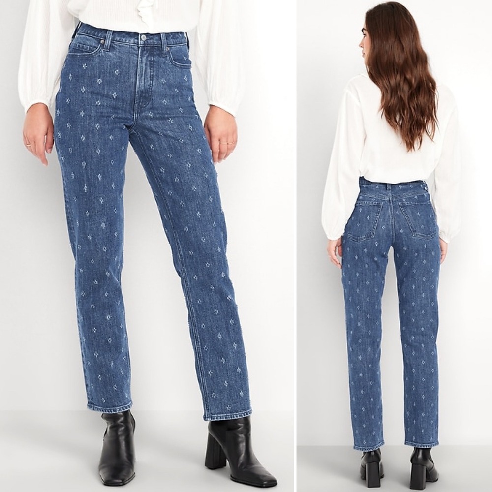Old Navy Extra High-Rise Straight Jeans 14 blue diamond textured denim dark wash